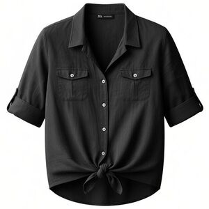 Jones New York Signature XL Black 100% Linen Button Down Shirt With Roll Tab Sle